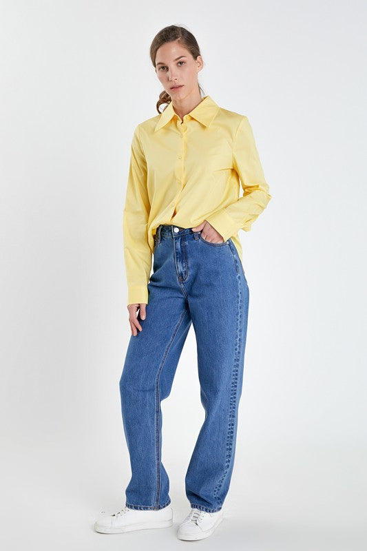 Accent Collar Poplin Dress Shirt (Creamy Yellow, Fuchsia)