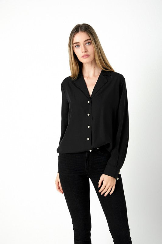 Pearl Button Collared Shirt (Black, White) – v o g l i o