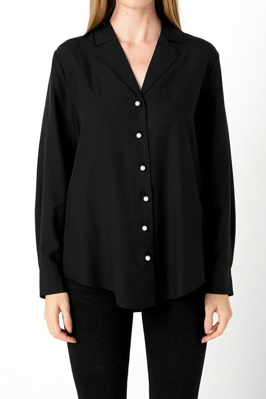 Pearl Button Collared Shirt (Black, White)
