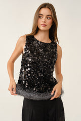 Full Sequin Faux Fur Trim Top