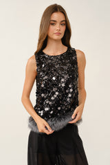 Full Sequin Faux Fur Trim Top