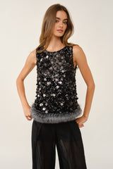 Full Sequin Faux Fur Trim Top
