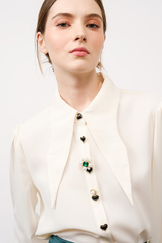 Heart Button Design Collared Blouse