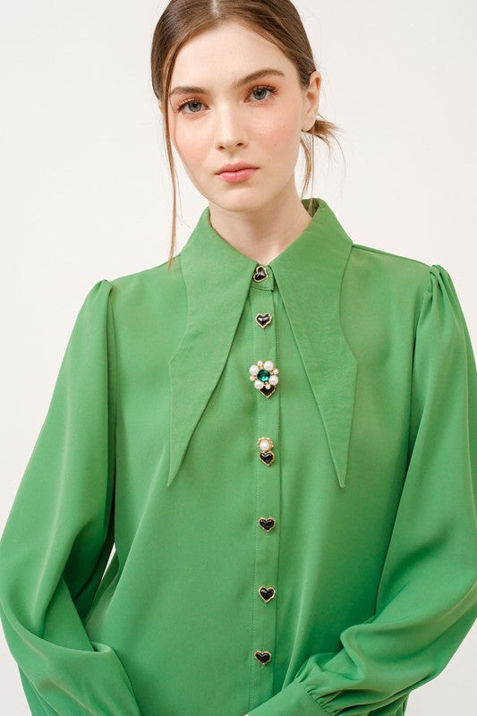 Heart Button Design Collared Blouse