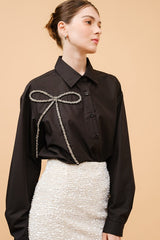 Long Sleeve Bling Bow Embellished Shirt Top (2 Color Ways)
