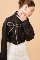 Long Sleeve Bling Bow Embellished Shirt Top (2 Color Ways)