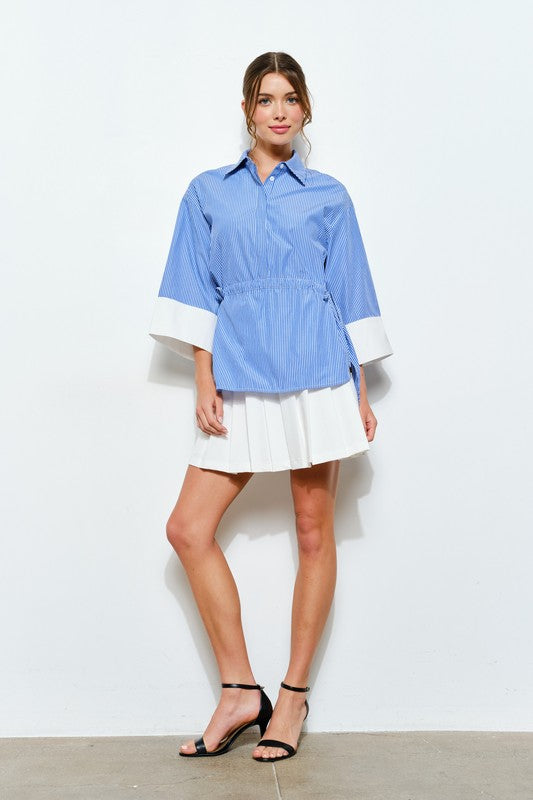 Striped Button-Down Cinch Waist Shirt Top
