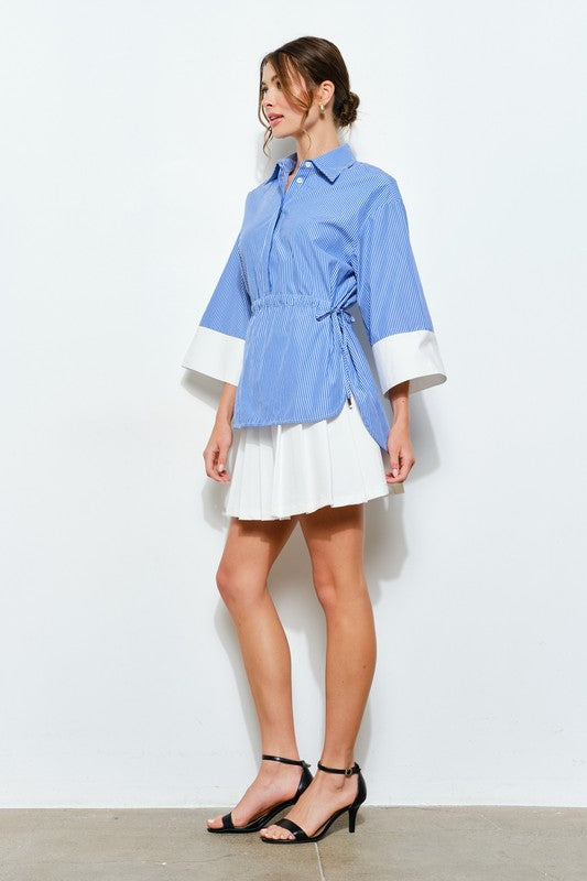 Striped Button-Down Cinch Waist Shirt Top