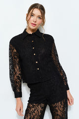 Black Long Sleeve Lace Button-Up Shirt