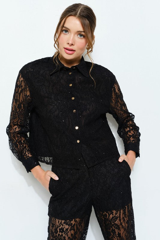 Black Long Sleeve Lace Button-Up Shirt