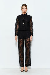 Black Long Sleeve Lace Button-Up Shirt