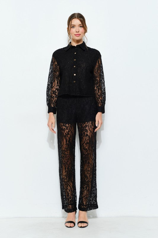 Black Long Sleeve Lace Button-Up Shirt