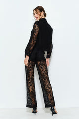 Black Long Sleeve Lace Button-Up Shirt