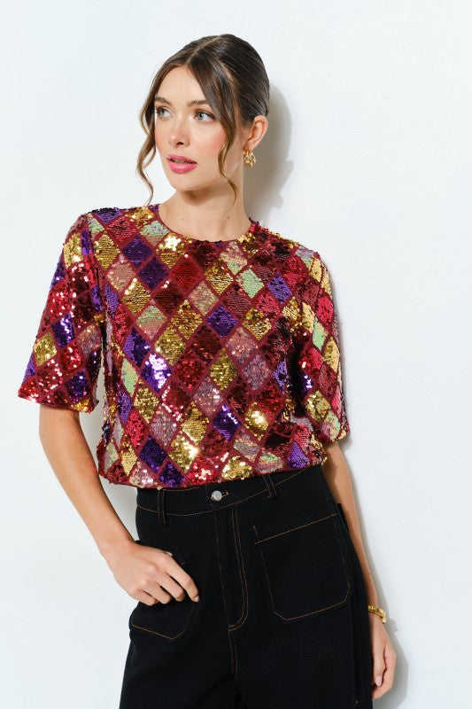 Multicolor Diamond Pattern Sequin Top (2 Color Ways)