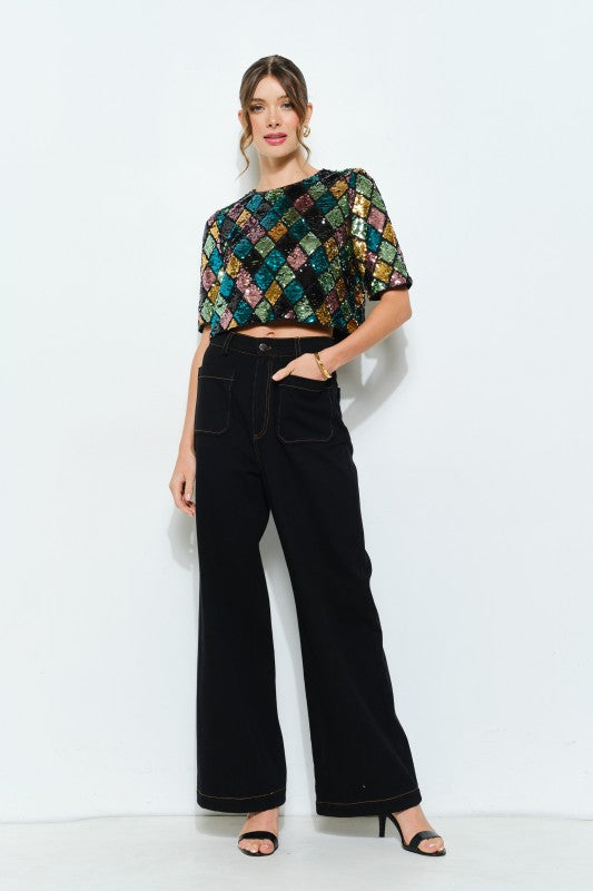 Multicolor Diamond Pattern Sequin Top (2 Color Ways)
