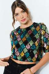 Multicolor Diamond Pattern Sequin Top (2 Color Ways)