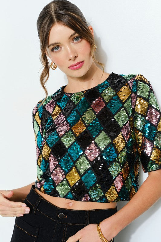 Multicolor Diamond Pattern Sequin Top (2 Color Ways)