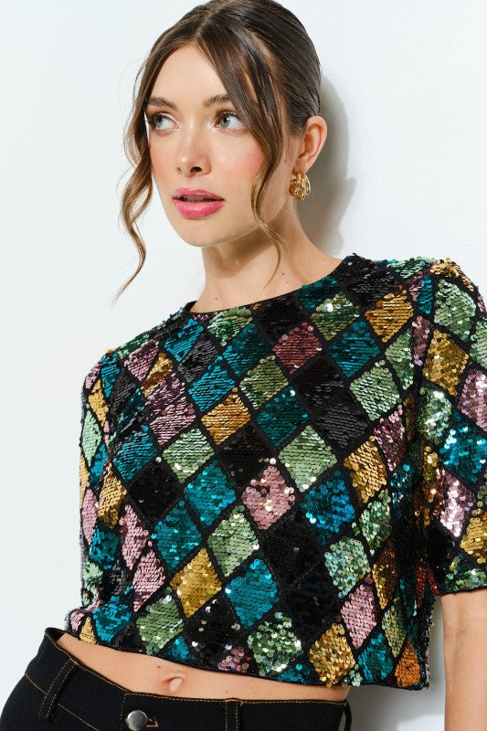 Multicolor Diamond Pattern Sequin Top (2 Color Ways)