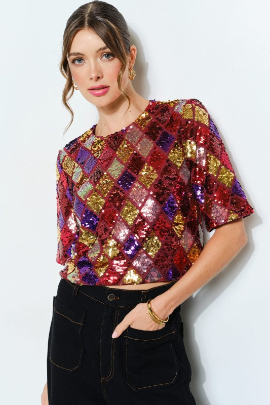 Multicolor Diamond Pattern Sequin Top (2 Color Ways)