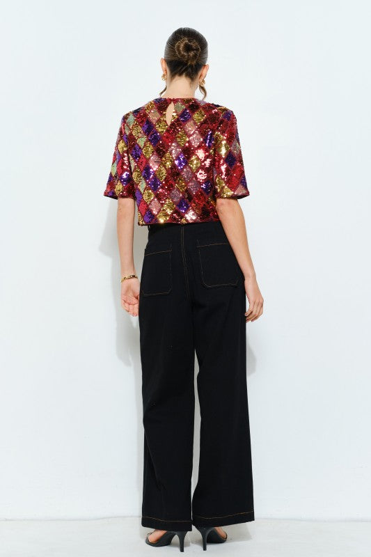 Multicolor Diamond Pattern Sequin Top (2 Color Ways)