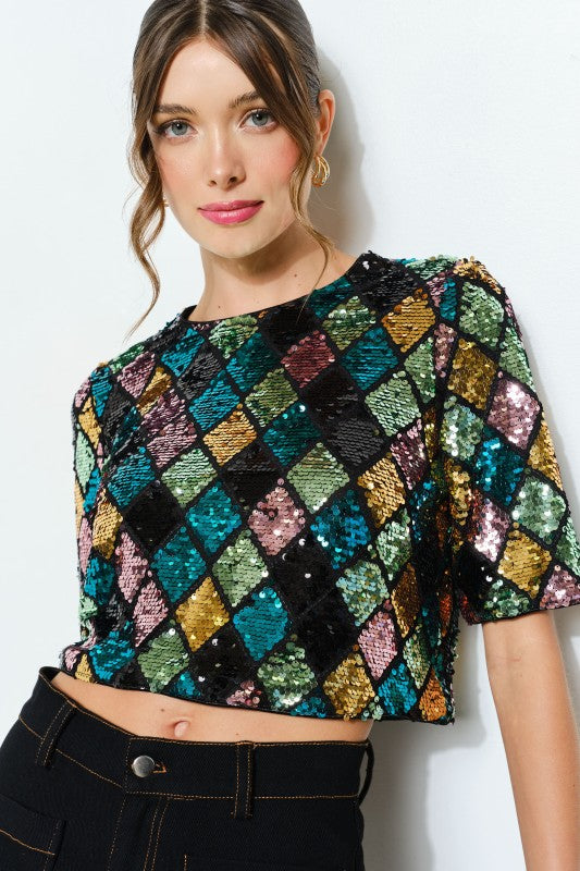Multicolor Diamond Pattern Sequin Top (2 Color Ways)