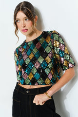 Multicolor Diamond Pattern Sequin Top (2 Color Ways)