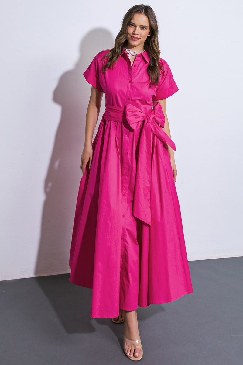 Solid Woven Button-Down Front Midi Dress