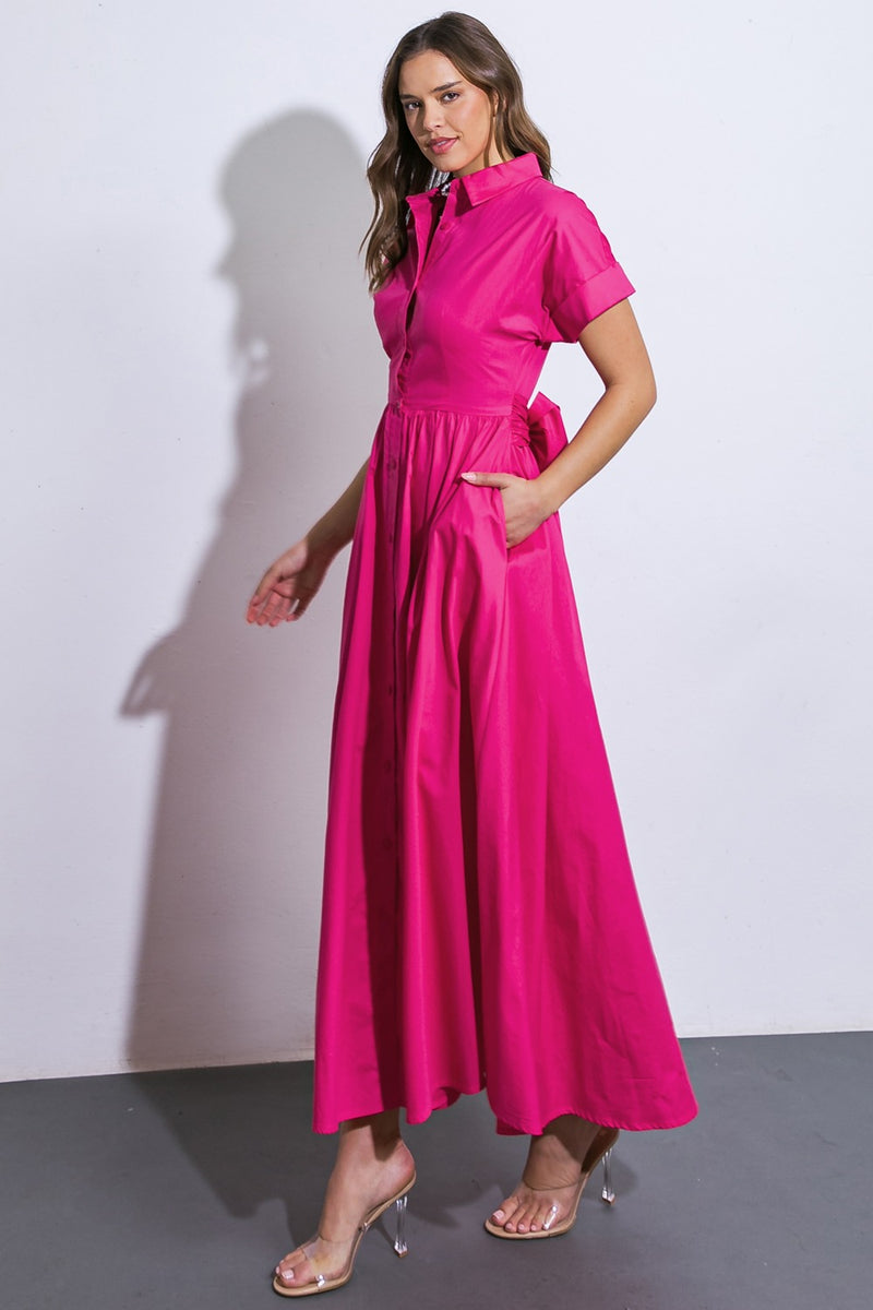 Solid Woven Button-Down Front Midi Dress