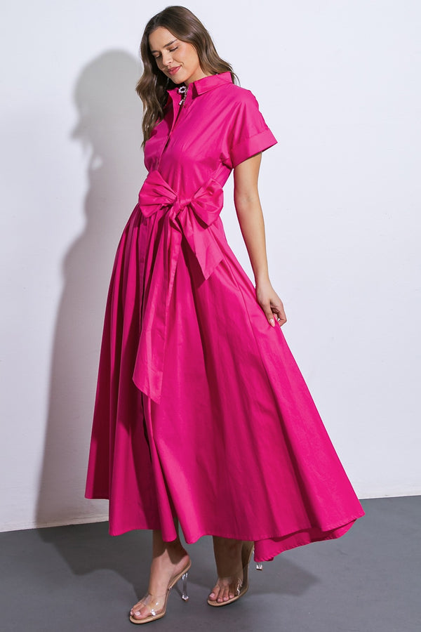 Solid Woven Button-Down Front Midi Dress