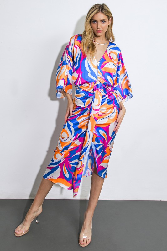 Kimono Sleeve Printed Midi Dress