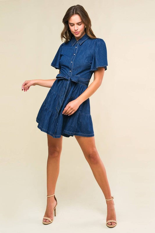 Button-Up Tiered Denim Dress