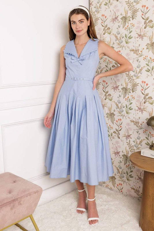 V-Neckline Solid Woven Midi Dress