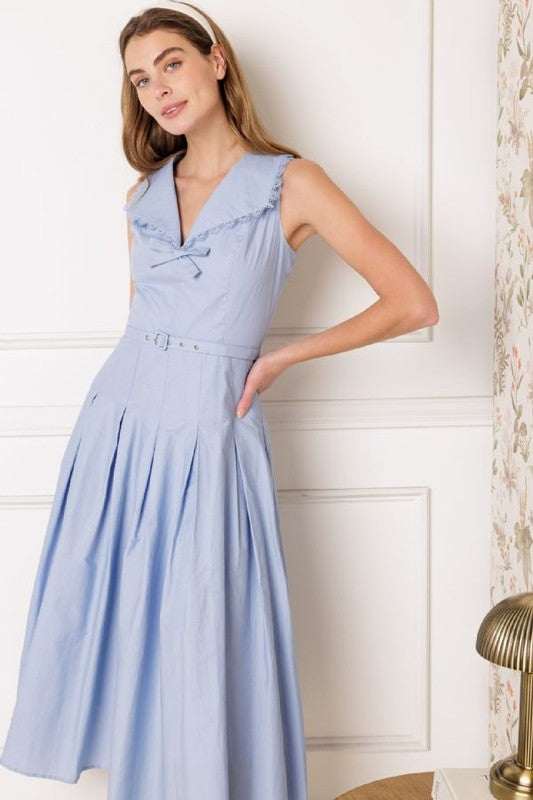 V-Neckline Solid Woven Midi Dress