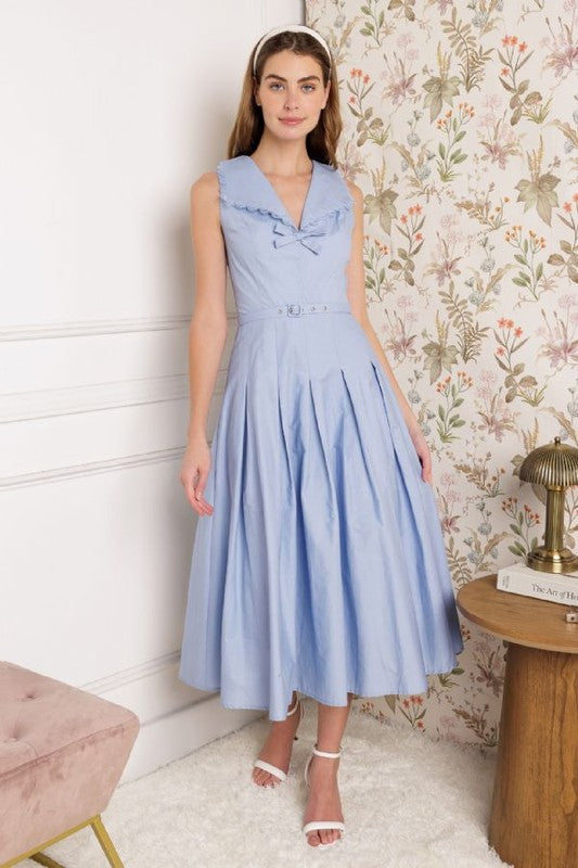 V-Neckline Solid Woven Midi Dress