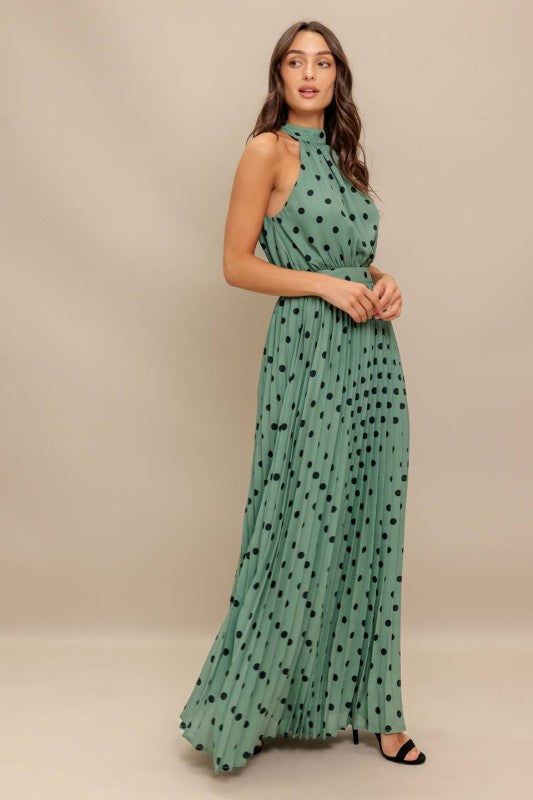 Green Polka Dot Pleated Maxi Dress