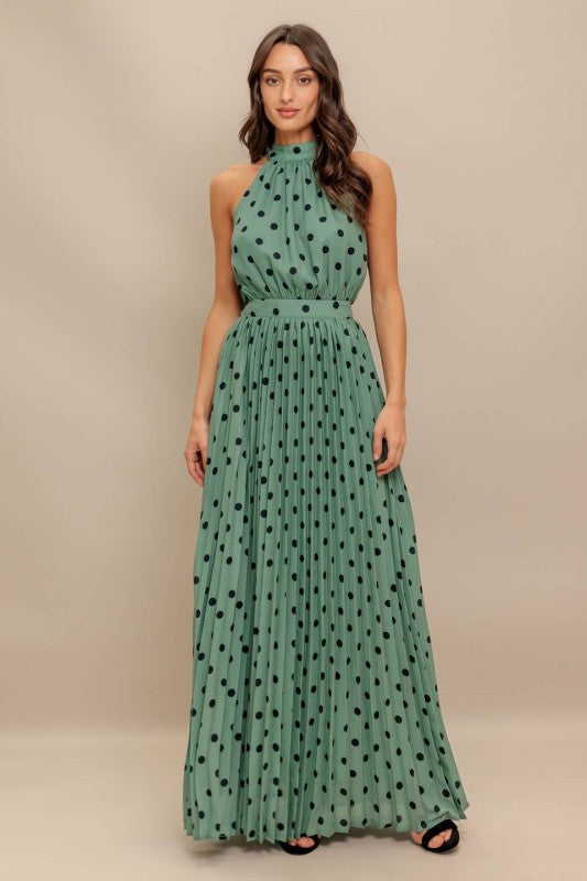 Green Polka Dot Pleated Maxi Dress