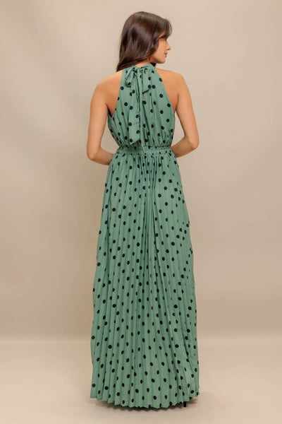 Green Polka Dot Pleated Maxi Dress – v o g l i o