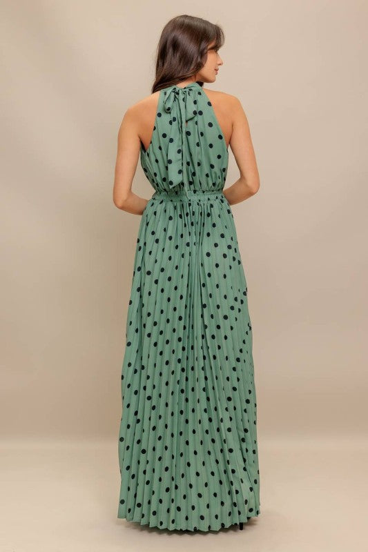 Green Polka Dot Pleated Maxi Dress