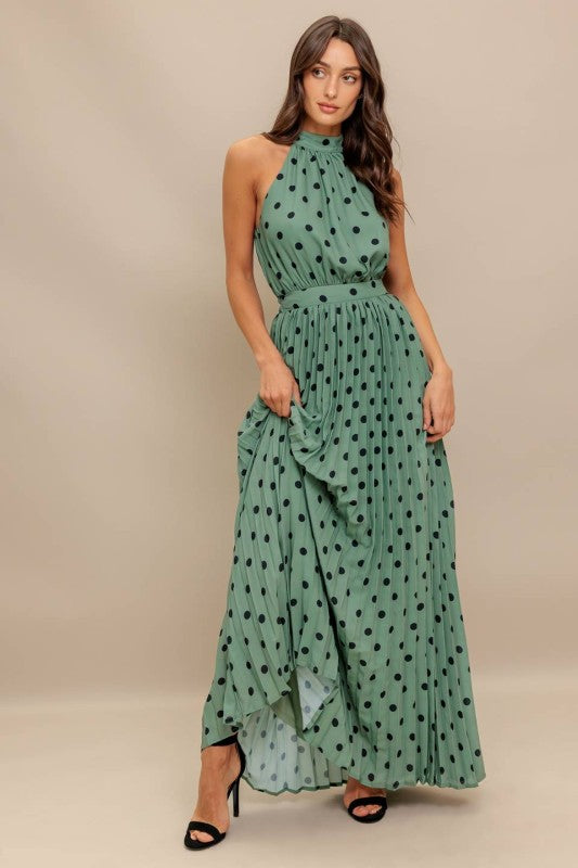 Green Polka Dot Pleated Maxi Dress