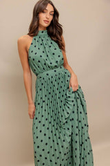 Green Polka Dot Pleated Maxi Dress