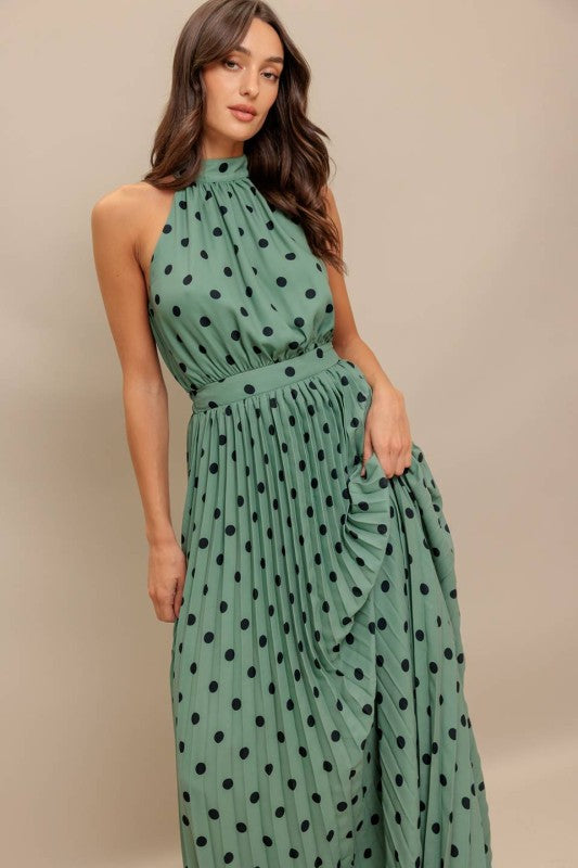 Green Polka Dot Pleated Maxi Dress