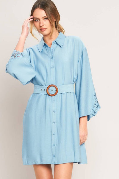 Soft Blue Belted Shirt Dress – v o g l i o