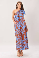 Azure Bloom One-Shoulder Midi Dress