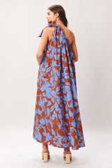 Azure Bloom One-Shoulder Midi Dress