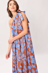 Azure Bloom One-Shoulder Midi Dress