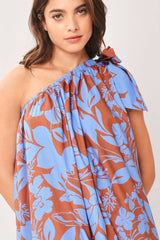 Azure Bloom One-Shoulder Midi Dress