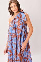 Azure Bloom One-Shoulder Midi Dress