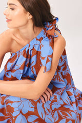 Azure Bloom One-Shoulder Midi Dress