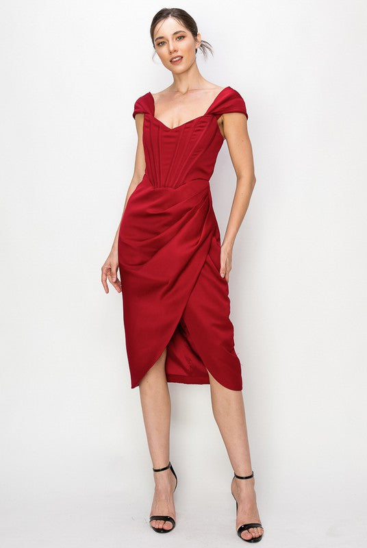 Satin Corset Midi Dress (Black, Burgundy)