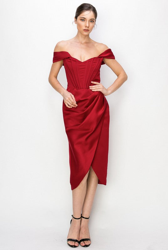 Satin Corset Midi Dress (Black, Burgundy)